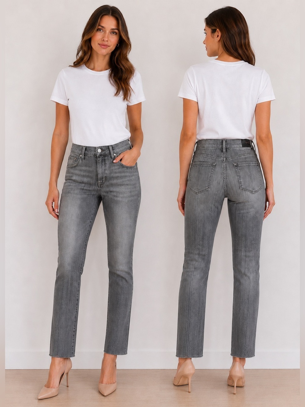 MOTHER The Rascal Ankle Fray Jeans 27 Noted Gray Pinstripe Crop Flare